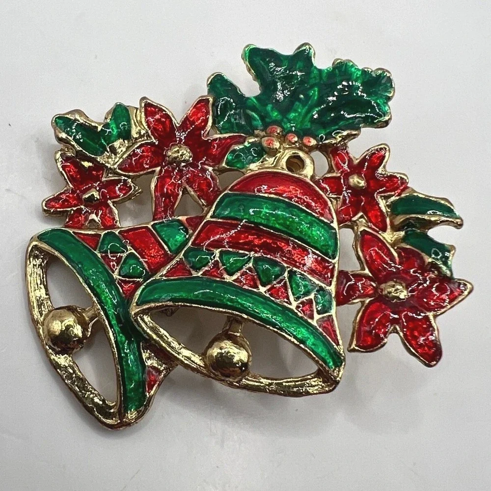Vintage Bell Brooch Red Green Enamel Gold Tone Christmas Holiday Pin